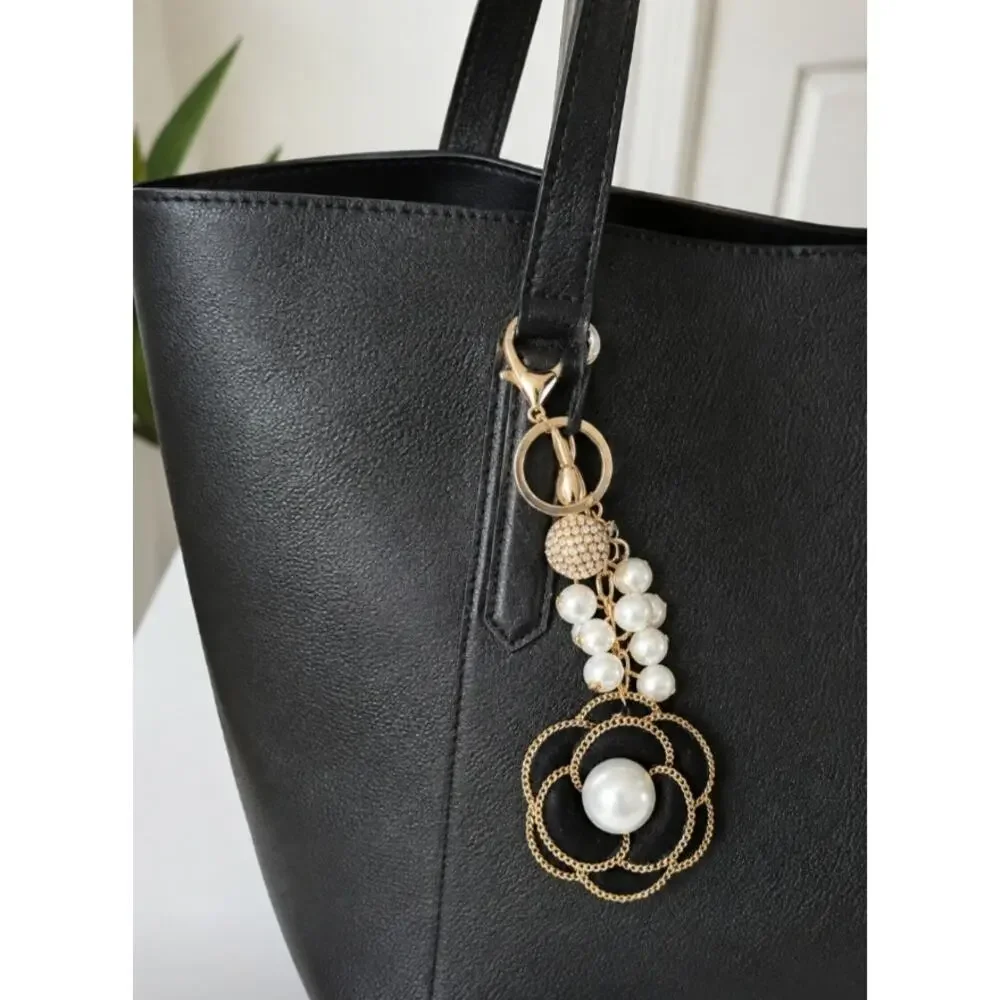 Black Gold Pearl Flower Rhinestone Bag Charm New